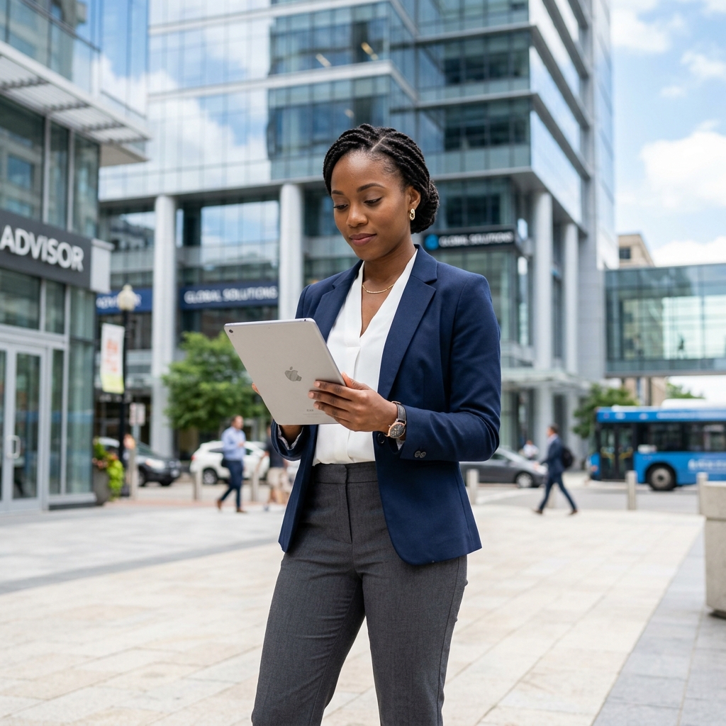 Facility manager holding digital tablet outside modern commercial building
