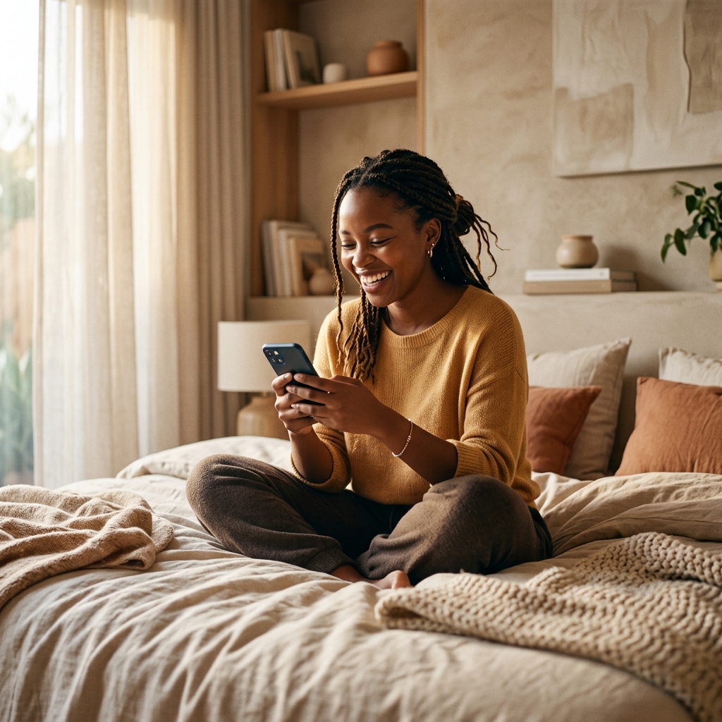 Resident smiling and using Owa app on phone in a cozy bedroom
