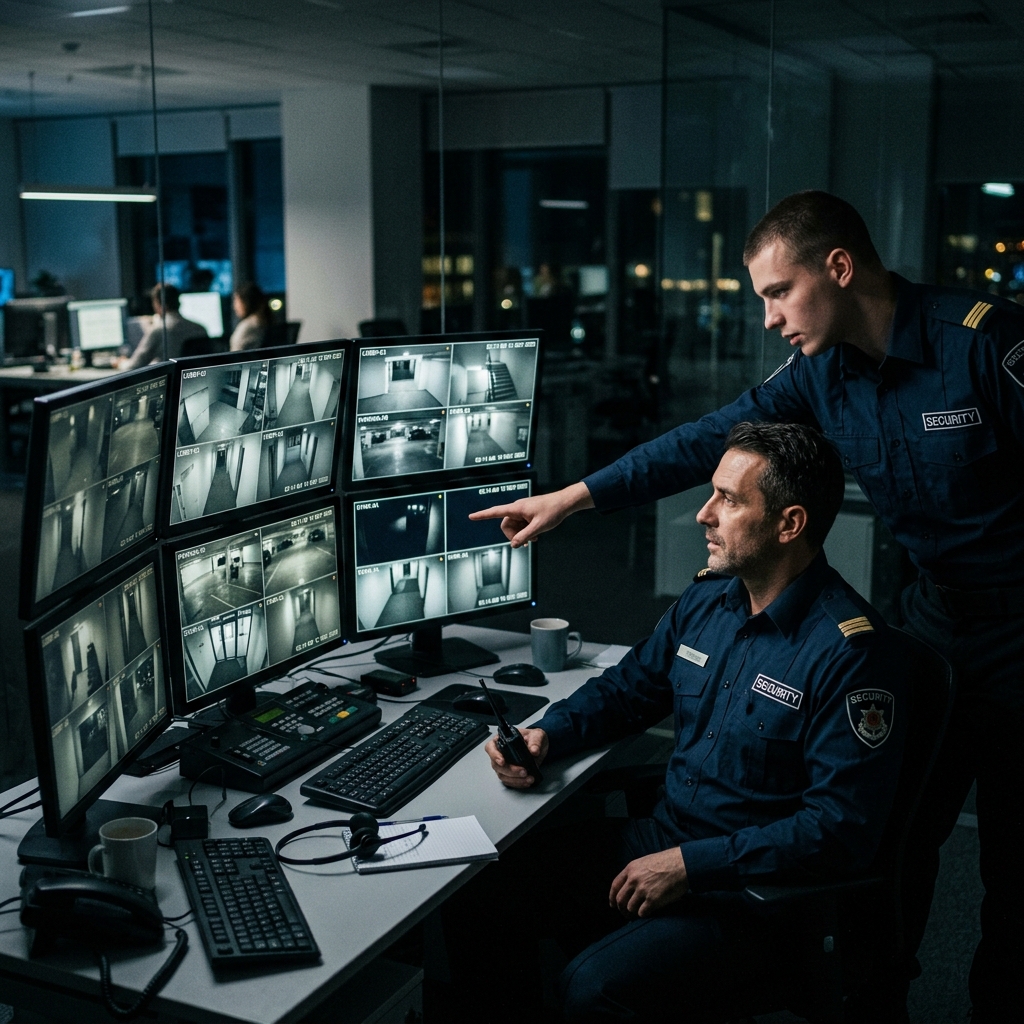 Security team in uniform monitoring safety surveillance console